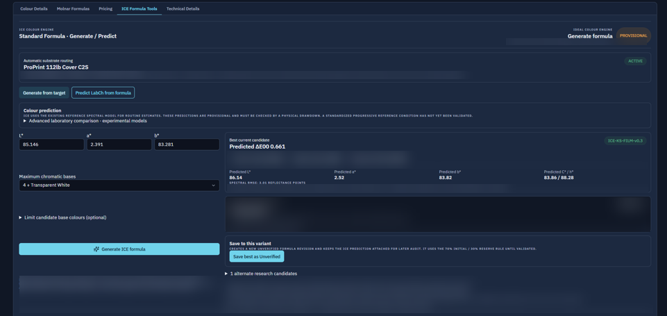 Ideal Colour Engine development screen with internal model and formulation details blurred